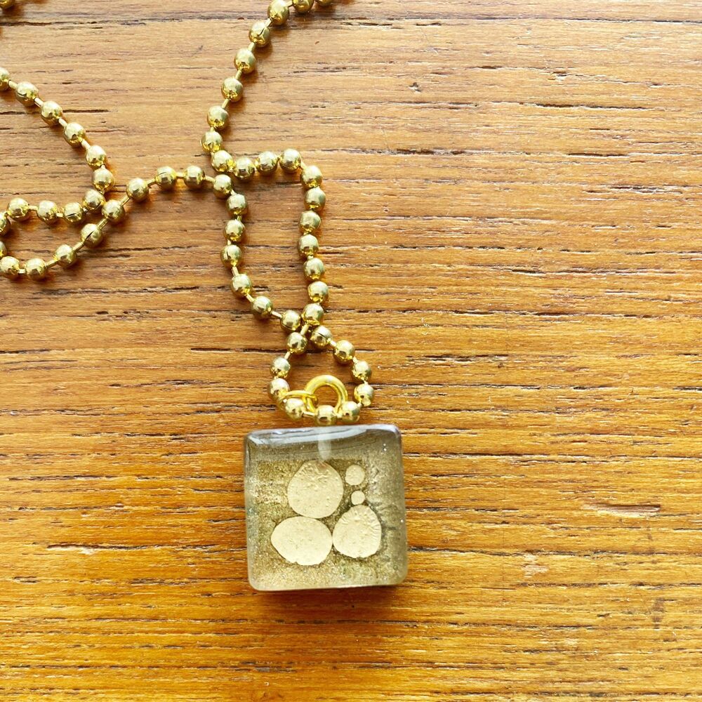 Tiny Square Gold Drop Epoxy Resin Pendant Necklace Gold Plated 23 in Ball Chain